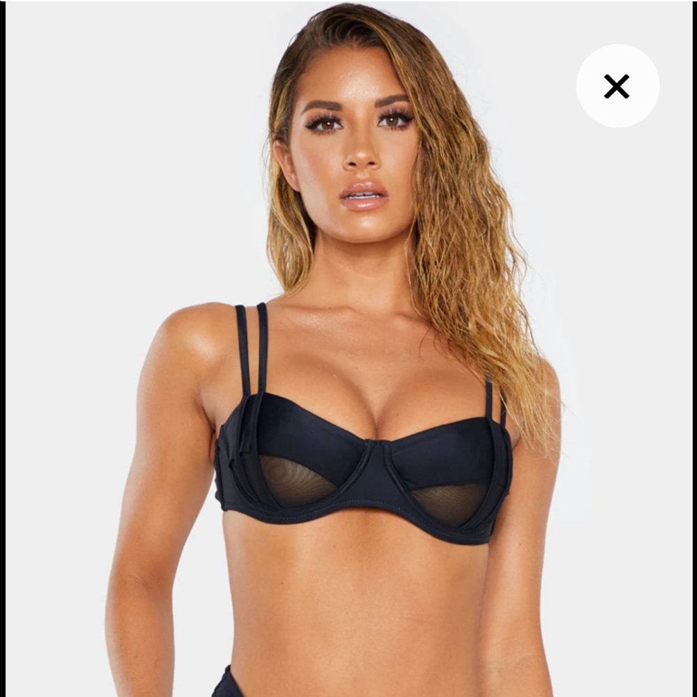 Pretty Little Thing Black Underwired Mesh Cut Out Bikini Top